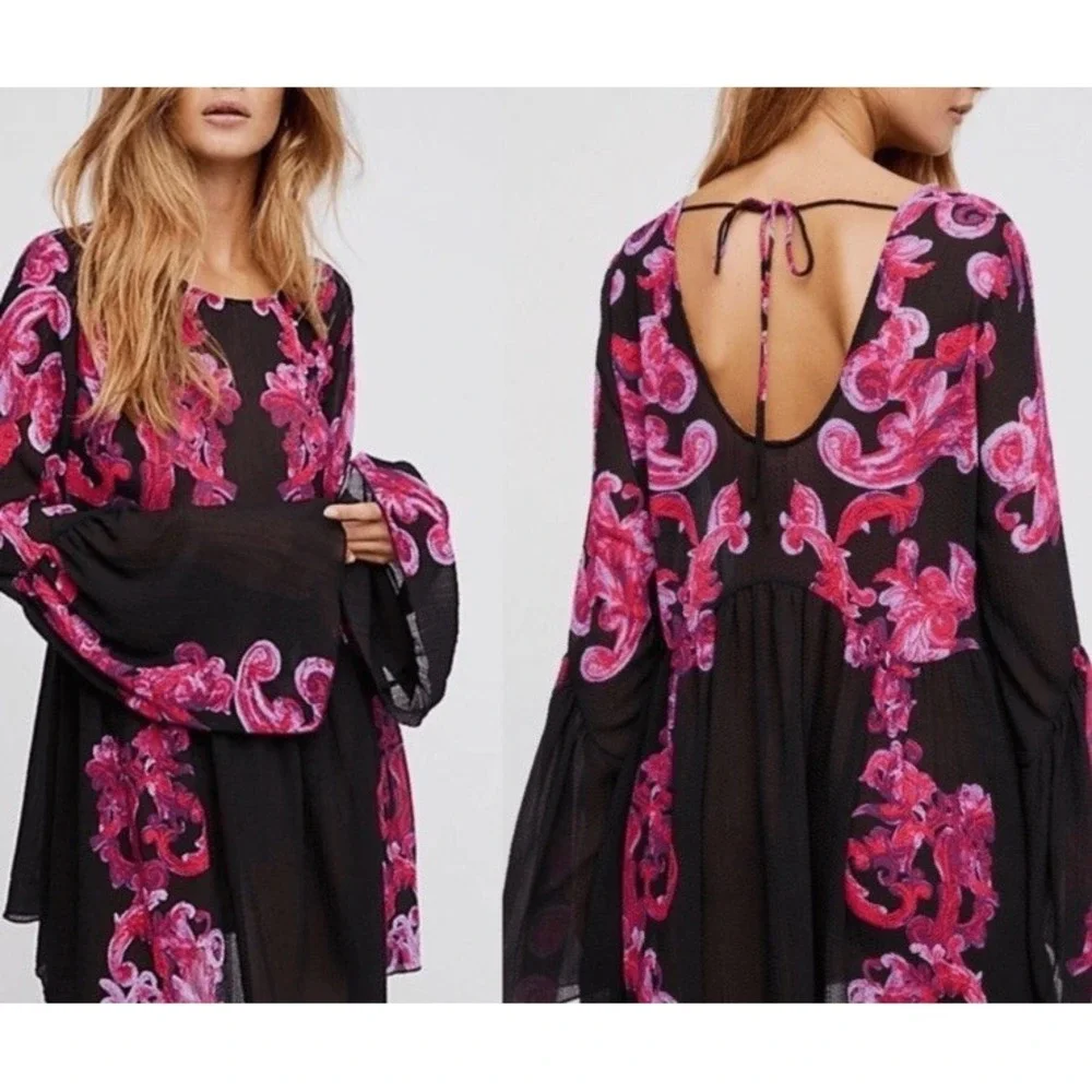 Free People intimately Symphony‎ Black M Bell Sleeve Tunic Semi Sheer Dress Boho - Picture 5 of 8